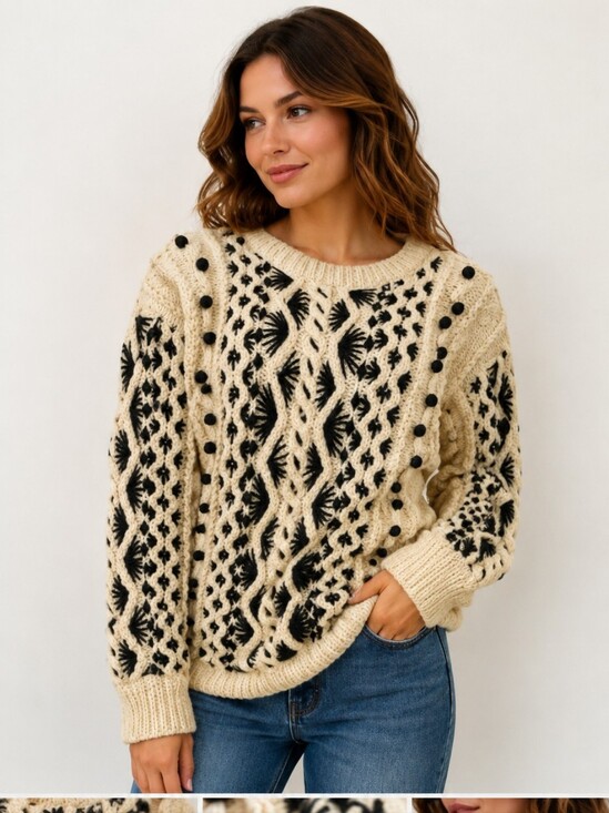 Vintage Sweaters - Vintage Cotton Ramie Popcorn Cable Knit Sweater Black Cream M/L